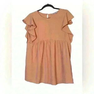 Ces Femme Lightweight Flowy‎ Babydoll Peach Blouse with Flutter Sleeves Small
